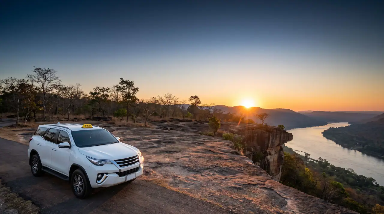 รถ SUV แท็กซี่สีขาวบนผาแต้ม ริมแม่น้ำโขงยามพระอาทิตย์ขึ้น